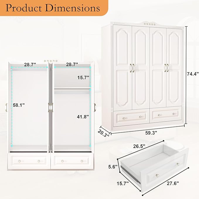Wardrobe Closet for Hanging Clothes: Armoire Wardrobe Closet with Drawers, Bedroom Armoires with Doors and Shelves, Modern Clothing Cabinet with Hanging Rod (White, 59")