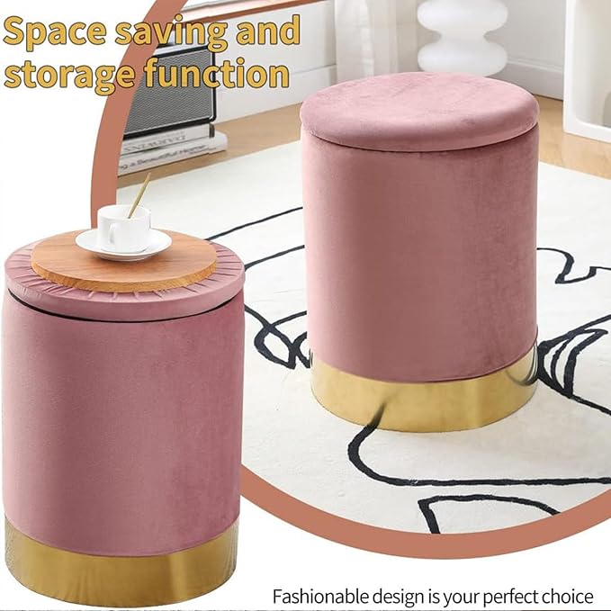 Mxfurhawa Velvet Storage Ottoman Multipurpose Footrest Stool with Metal Base Modern Round Vanity Stool Chair Ottoman Foot Stools Support 300 lbs Padded Seat for Living Room (Dusty Rose (Velvet))