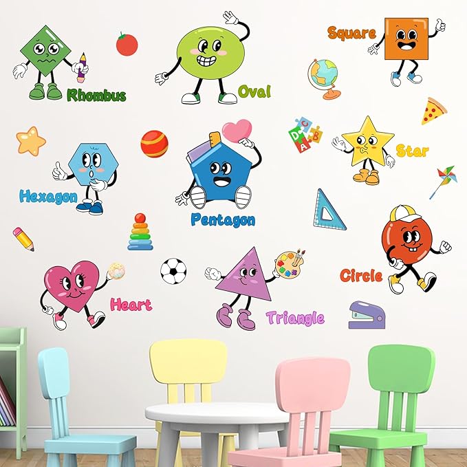 Mfault Kids Shapes Educational Wall Decals Stickers, Colorful Geometry Learning Baby Nursery Decorations Bedroom Art, Funny Boys Girls Toddlers Playroom School Classroom Daycare Library Home Decor