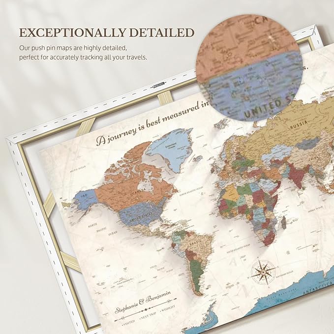 ElephantStock - Personalized Journey V Push Pin World Map Wall Art - Horizontal Canvas Wall Art - Living Room Wall Decor - Digital Art Map Canvas Art - Beige And Orange Decor - 39" x 26"