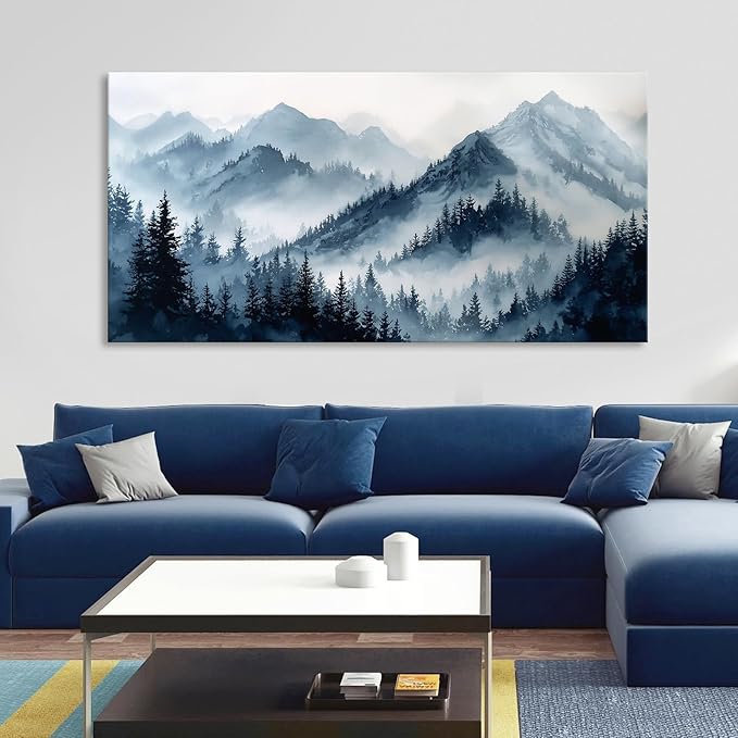 Blue Forest Canvas Wall Art Nature Foggy Mountains Landscape Pictures for Living Room Misty Watercolor Pine Tree Wall Decor Indigo Woodland Scenery Canvas Prints Artwork Office Home Decoration 28"x58"