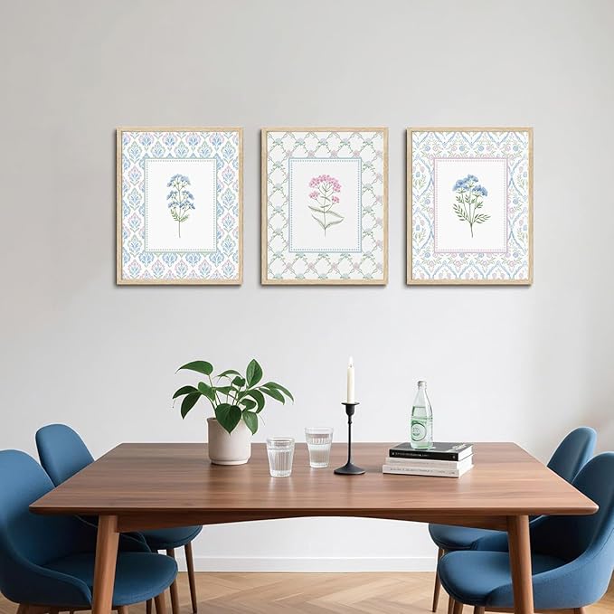 CHMMART 3 Piece Pastel Wildflower Framed Wall Art Nursery Floral Canvas Art Prints Pink Blue Botanical Pictures Wall Decor Boho Flower Painting Artwork for Bedroom Bathroom 12x16in