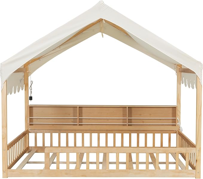 Merax Full Size Montessori Floor Bed for Kids Toddler, House Shaped Kids Full Bed Frame with Safety Guardrail, Curtain & Lights, Side Storage Bookshelves, Solid Wood Slats, Easy Assembly, Beign