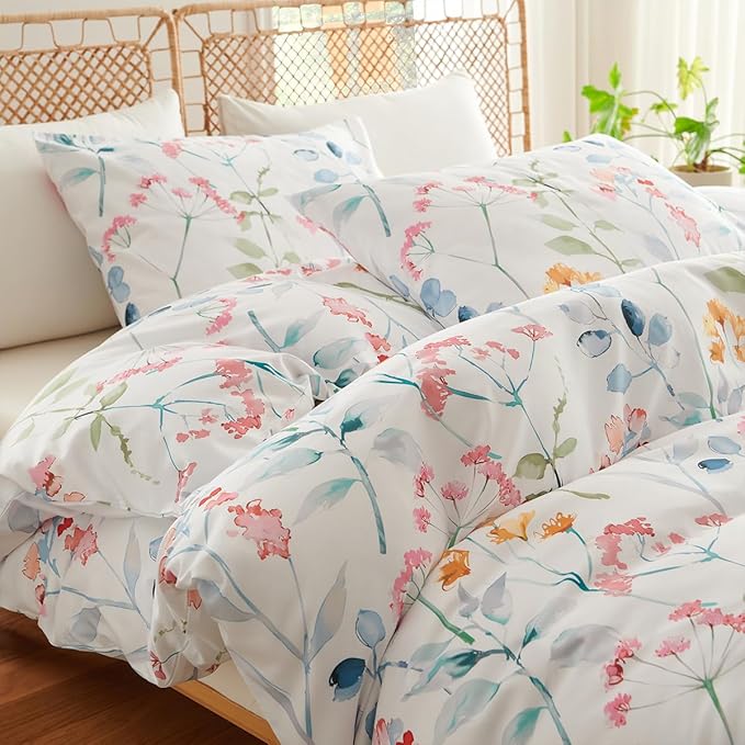Floral Duvet Cover Twin 2 Pieces Watercolor Flower Pattern Bedding Set for Girls Colorful Flower Aesthetic Bedding Soft Microfiber Farmhosue Comforter Cover with 1 Pillowcase