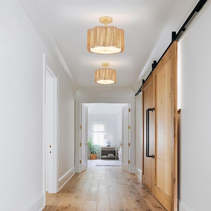 Rattan Semi Flush Mount Ceiling Light, 3-Light Boho Ceiling Lights, Modern Hand-Woven Rattan Boho Light Fixture for Bedroom Living Room Kitchen Hallway and Entryway (Yellow)