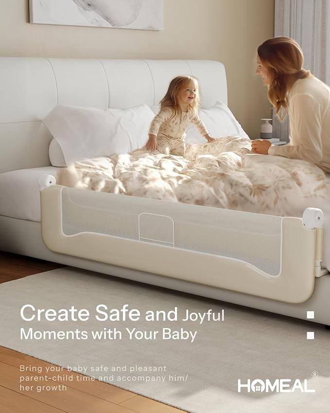 HOMEAL Bed Rail for Toddlers, 32in Swing Down Toddler Bed Rails with U-Shape Base, Foldable Baby Bed Rail Guard, Twin Size, Full Size, Queen Size, King Size Beds, Bed Rail for Baby, Beige
