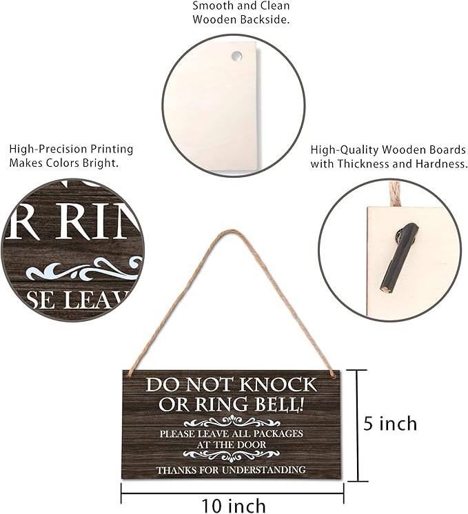 Please Do Not Knock Or Ring Doorbell Wooden Plaque Sign, No Soliciting Warning Reminder Sign, Baby Sleeping Sign For Front Door - HF07