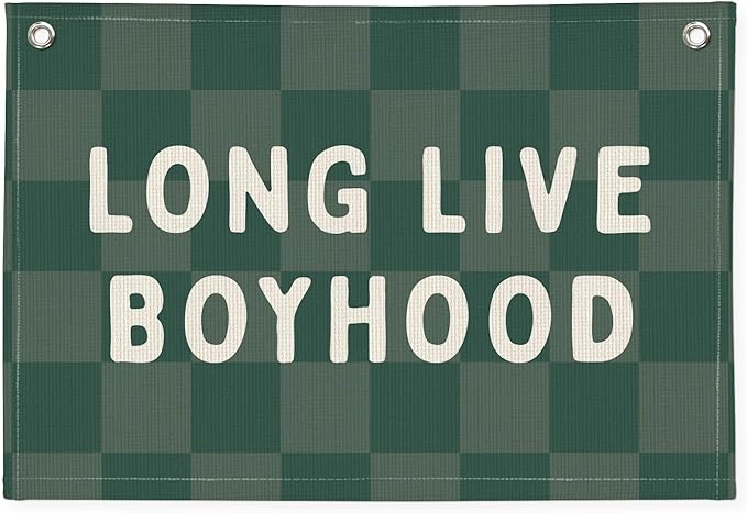 Long Live Boyhood Linen Banner – Boys Room Wall Hanging, Playroom & Nursery Decor, Toddler Room Flag, Aesthetic Boys Bedroom Sign – Forest Green & White