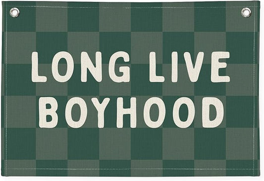 Long Live Boyhood Linen Banner – Boys Room Wall Hanging, Playroom & Nursery Decor, Toddler Room Flag, Aesthetic Boys Bedroom Sign – Forest Green & White