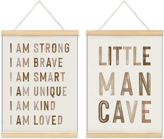 ULEGIE Boy Nursery Decor Posters Framed with Wood Hanger, Little Man Cave Sign for Boys Kids, Boys Room Decor, Toddler Room Decor, Art Prints for Nursery Playroom Bedroom, 2 Pack 12 x 16 Inches-Brown