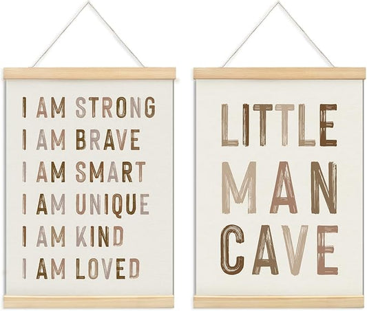 ULEGIE Boy Nursery Decor Posters Framed with Wood Hanger, Little Man Cave Sign for Boys Kids, Boys Room Decor, Toddler Room Decor, Art Prints for Nursery Playroom Bedroom, 2 Pack 12 x 16 Inches-Brown