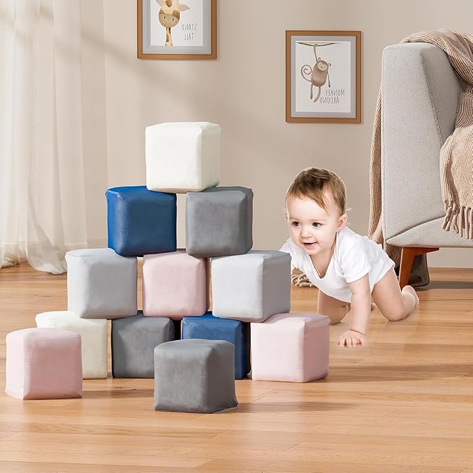 12 PCS Modular Kids Play Block Couch Child Sectional Soft Sofa Toddler Building Fortplay Climbing Bedroom Playroom Baby Convertible Floor Foam Cushion for Boys & Girls (12pcs+Square)