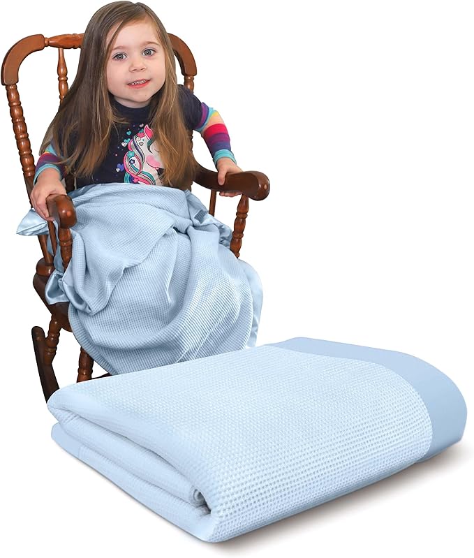 Blankets Thermal Waffle Baby Blanket Crib Bedding - Soft Cozy Warm Infant Thermal Cover for Nursery Stroller or Bassinet, Lightweight Ideal Shower Gift, Satin Trim Blue 36" x 50"
