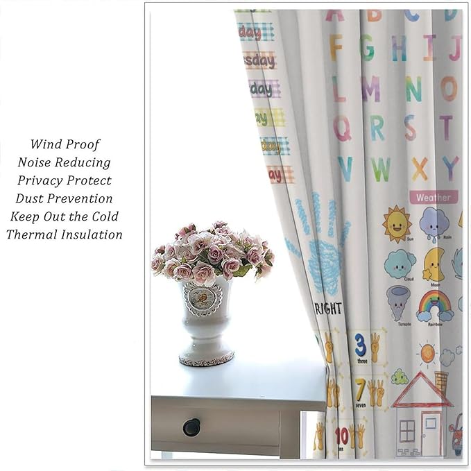 Kids Educational Alphabet Curtain,Boho Watercolor Alphabet Pastel Numbers Shapes Colors for Girls Child Nursery Home Kids Printed Rod Pocket Window Drapes for Bedroom Living Room Decor 42" W X 45" L