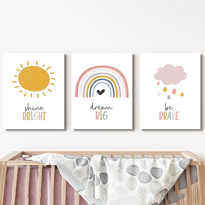 LUHDFYS Boho Rainbow Nursery Wall Art,Dream Big Canvas Print,Rainbow Sun Cloud Inspirational Poster,Wrapped Canvas Kids Room Decor