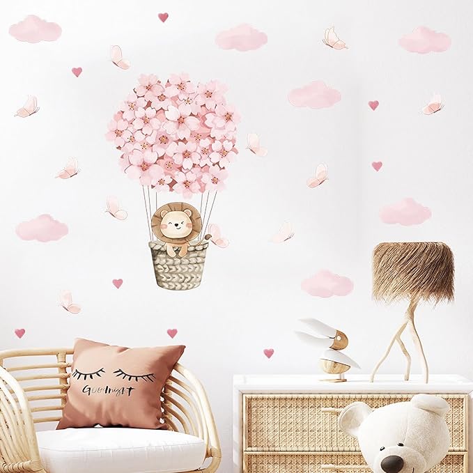 Cute Lion Cub Hot Air Balloon Wall Stickers, sacinora Pink Butterfly Cloud Love Heart DIY Wall Decals Removable Vinyl Peel and Stick for Kids Baby Girl Nursery Bedroom Toddler Room Art Decorations