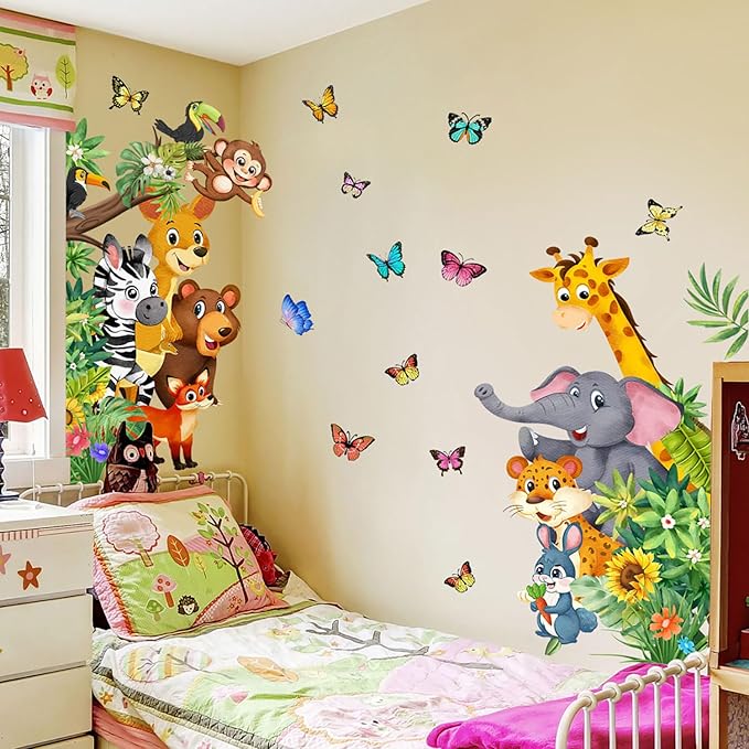 Jungle Forest Animals Wall Decals Animal Door Sticker Removable Reusable Peel Stick Elephant Lion Zebra Giraffe Safari Mural Art Nursery Kids Room Baby Bedroom Playroom Daycare Living Room