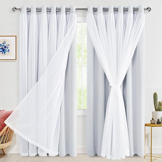 Hiasan Blackout Curtains with Sheer Overlay, Thermal Insulated Privacy Mix & Match Double Layer Window Curtains for Girls Bedroom, Living Room, 2 Drape Panels with Tiebacks, Greyish White, 70W X 84L