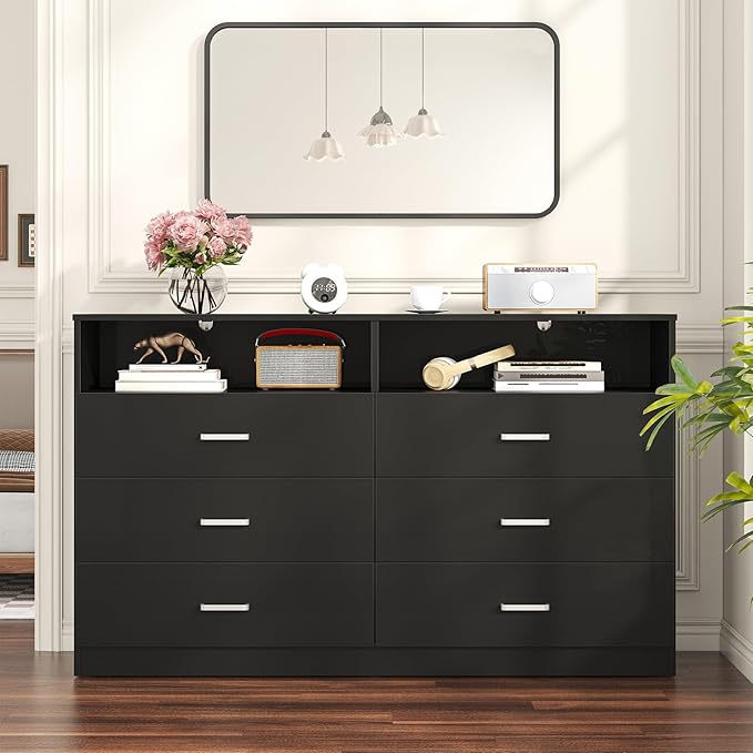 Bigbiglife 6 Drawers Dresser for Bedroom with Open Storage Cubby, Double Wide Dresser Organizer for Bedroom, Living Room, Entryway, Hallway (Black)