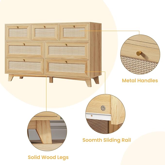 AOGLLATI Rattan Dresser for Bedroom with 7 Drawer, Modern Wooden Wide Bedroom Dresser, Chest of Drawers with Metal Handle & Solid Wood Legs for Bedroom/Living Room, Wood