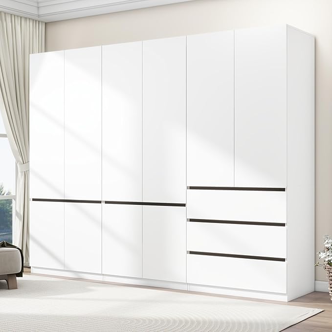 White Armoire Wardrobe Closet with 2 Doors, 75" Bedroom Wardrobe Closet for Hanging Clothes, Modern Wood Storage Closets Cabinet with System (C+B+C, 94.5")