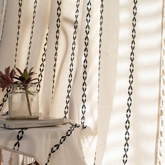 Deeprove White and Black Boho Curtains 96 inches Length for Living Room Bedroom Nursery, Classic Bohemian 96 inches Long, Stripe Embroidery Privacy Window Fringe Decoration W52 x L96, Single 1 Panel