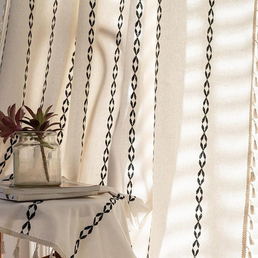 Deeprove White and Black Boho Curtains 96 inches Length for Living Room Bedroom Nursery, Classic Bohemian 96 inches Long, Stripe Embroidery Privacy Window Fringe Decoration W52 x L96, Single 1 Panel