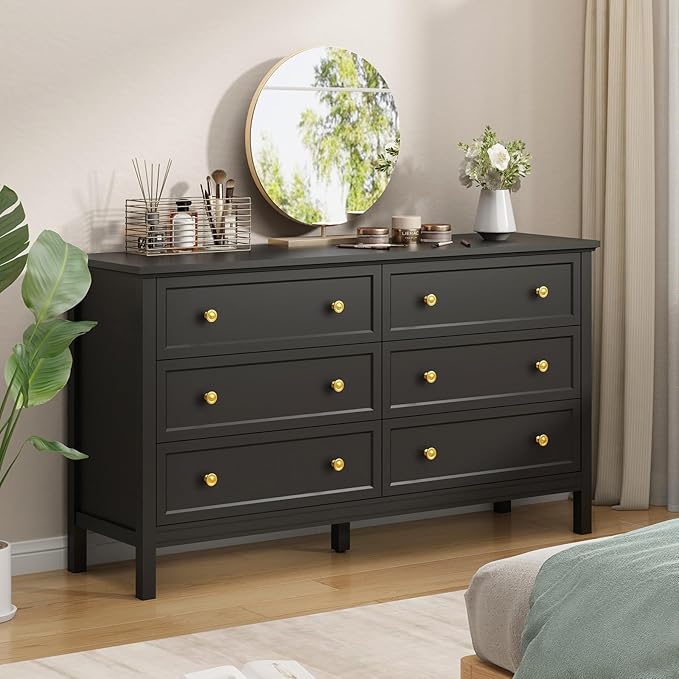 CARPETNAL Black Dresser for Bedroom, 6 Drawer Dresser with Wide Drawer and Metal Handles, 55" Black and Gold Wood Dressers & Chests of Drawers for Hallway, Entryway.