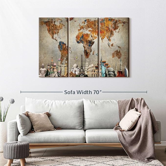 ElephantStock Rusty World Map Multi Piece Canvas - 3 Piece Canvas Wall Decor - Wall Decor - Ready-to-Hang Print - Vintage World Map Wall Art - 50" X 32"