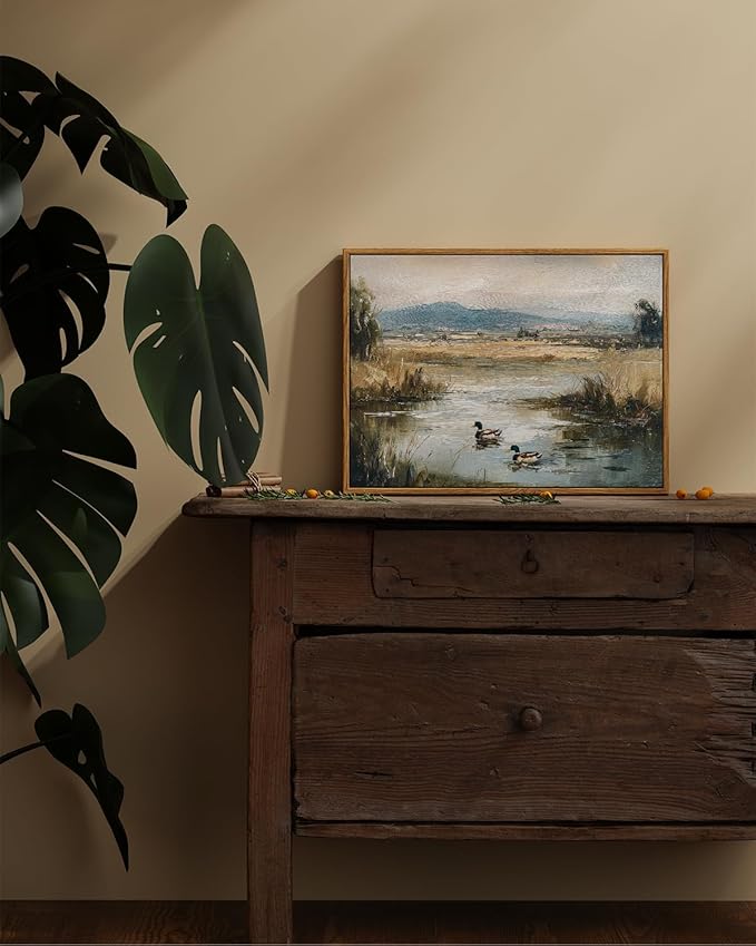 ARPEOTCY Vintage Framed Canvas Wall Art, 12x16inch, Farmhouse Mallard Duck Pond Wall Decor, Country Art Prints Home Decorations, Landscape Paintings for Living Room Bedroom Shelf Decor