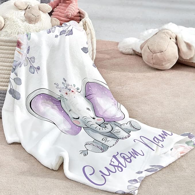 Custom Baby Crib Bedding Set - Light Purple Elephant Design Personalized Name Baby Nursery Bedding 3 Pcs Set - Chic Soft Blanket, Fitted Sheet, Room Rug for Newborns Boys Girls Gifts