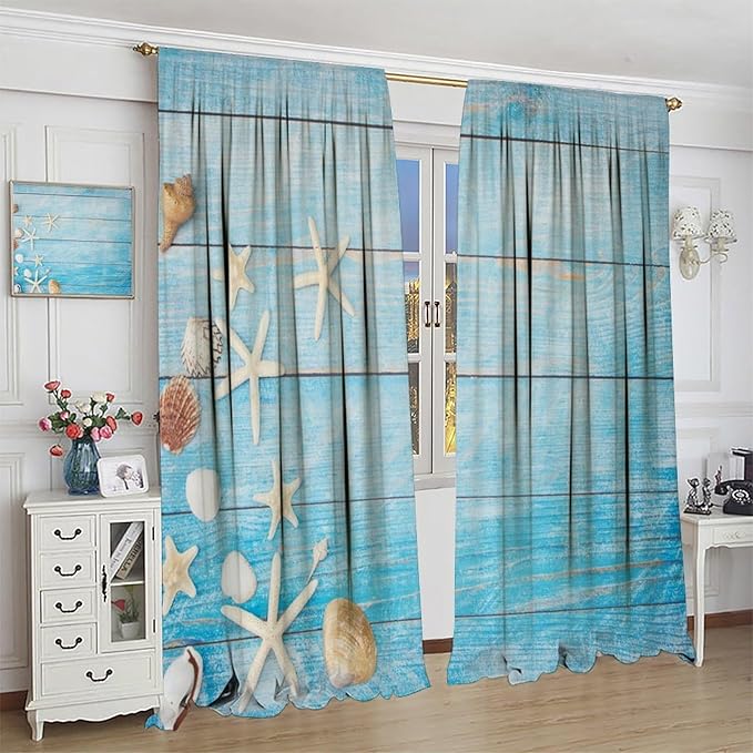 Beach Shell Curtains, Shell Starfish Modern Style, White Print, 42x44 Inch, Blackout, Noise Reducing, Bedroom, Bathroom