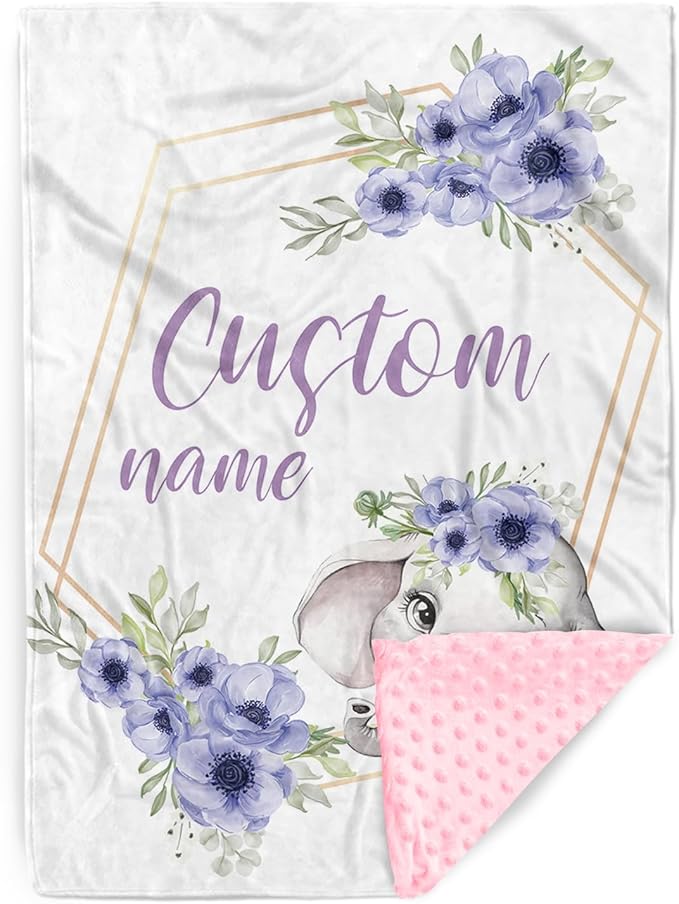 Personalized Baby Blankets for Girls, Custom Name Purple Flower Elephant Design Baby Blanket, Soft Receiving Blanket for Newborns and Toddlers, Ideal for Baby Showers and Nursery Decor