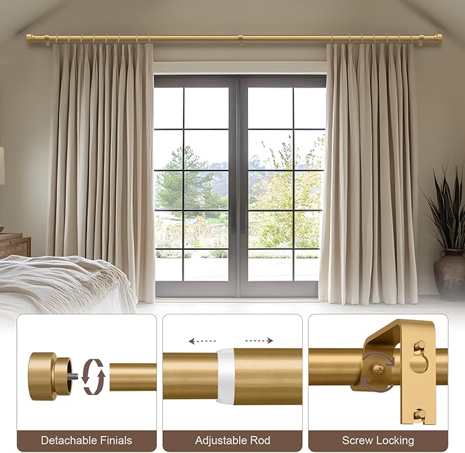 Modern Gold Curtain Rods for Windows 48 to 84 Inches Adjustable Length Heavy Duty 1" Diameter Window Curtain Rod with Decorative Finials for Outdoor Bedroom Kitchen Living Room