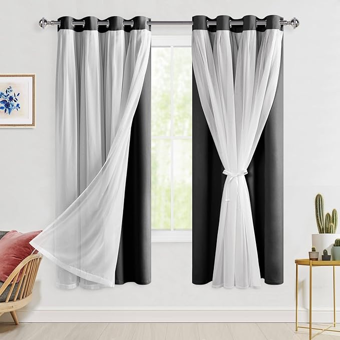 Hiasan Black Blackout Curtains with Sheer Overlay, Grommet Thermal Insulated Privacy Mix and Match Double Layer Window Curtains for Girls Bedroom, Living Room, 2 Drape Panels with Tiebacks, 52W X 63L