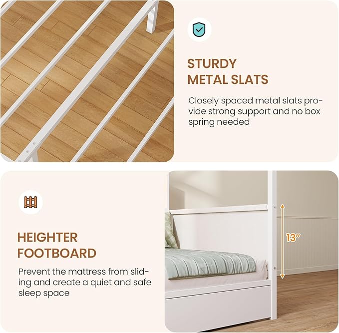 DICTAC Twin Corner Bed Frame with Storage Bookcase,Charging Station and Upholstered Headboard House Shaped Twin Size Bed Frame with 2 Storage Drawers,RGB LED and Globe Lights,Kid twin House Beds,White