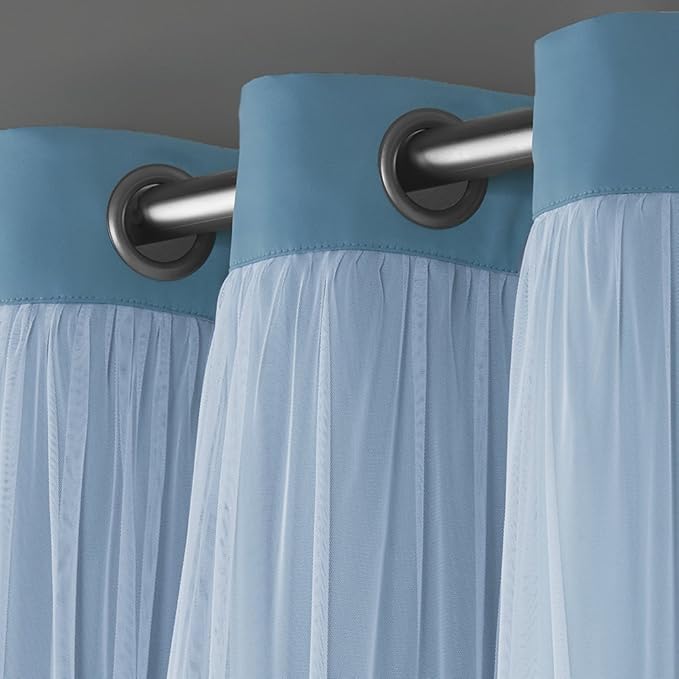 TOWN & COUNTRY LUXE Talia Double Layer Indoor Curtains, Sheer and Room Darkening Blackout, Grommet Top, Energy Efficient, 2-Pack Set, 52"x63", Turquoise