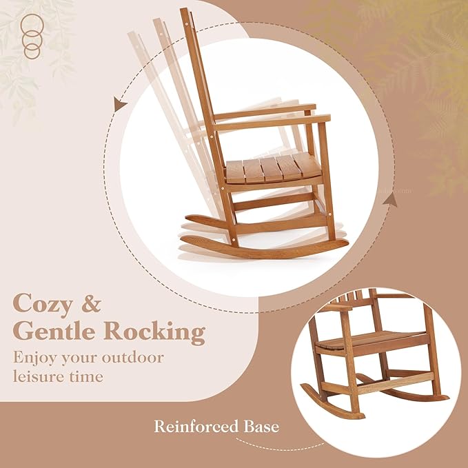 Giantex Outdoor Rocking Chair, High Back Patio Rocker w/Armrests, Hardwood Lounge Rocking Chair with Smooth Rocking Base & Slatted Design, Wood Porch Rocker for Backyard, Poolside (2, Natural)