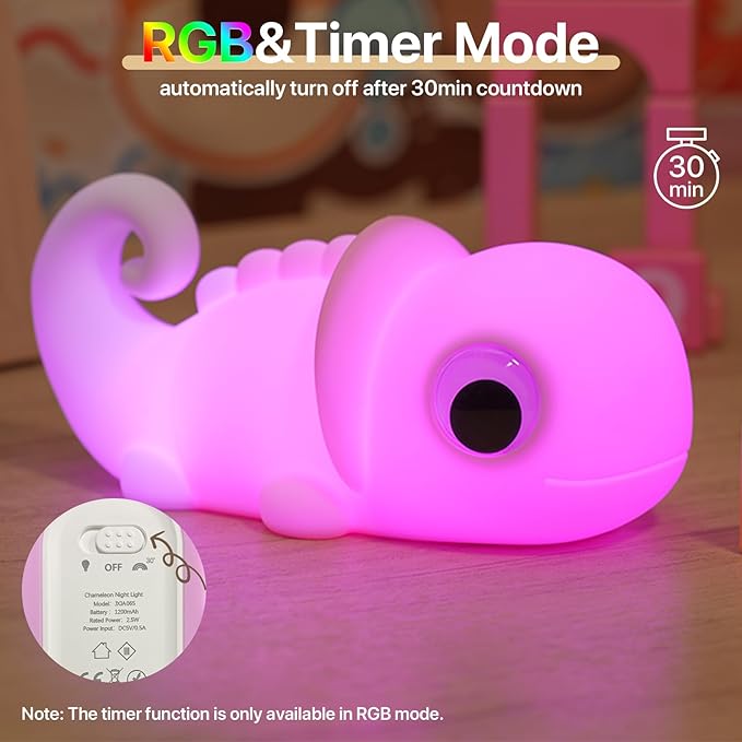Cute Chameleon Night Light for Kids Rechargeable, Battery Operated Nightlight 3 Level Dimmable with RGB&Timer, Silicone Touch Nursery Lamp for Baby Girls Boys Bedroom Gifts
