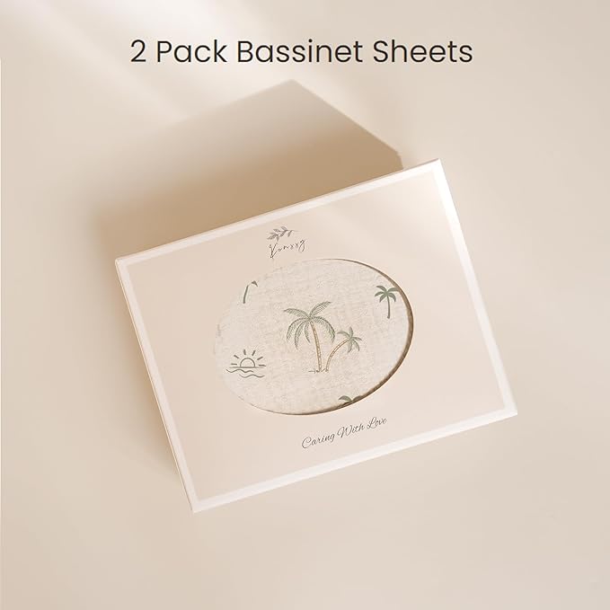 Konssy Muslin Bassinet Sheets for Baby Girl Boy, 2 Pack Soft Breathable Baby Bassinet Mattress Sheets Fit for Hourglass Oval Cradle, Moses Basket Rectangle Mattress (Tree,Fog Green)
