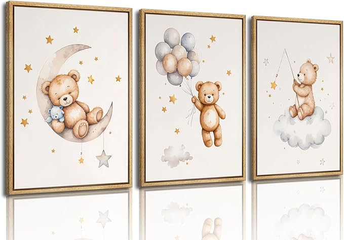 3Pcs Teddy Bear Nursery Wall Art Bear Sleeping on The Moon and Stars Wall Decor Pictures Balloon Cloud Neutral Canvas Poster Prints for Kids Baby Room Kindergarten Home Decoration 12x16in Unframed