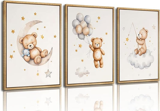 3Pcs Teddy Bear Nursery Wall Art Bear Sleeping on The Moon and Stars Wall Decor Pictures Balloon Cloud Neutral Canvas Poster Prints for Kids Baby Room Kindergarten Home Decoration 16x24in Unframed