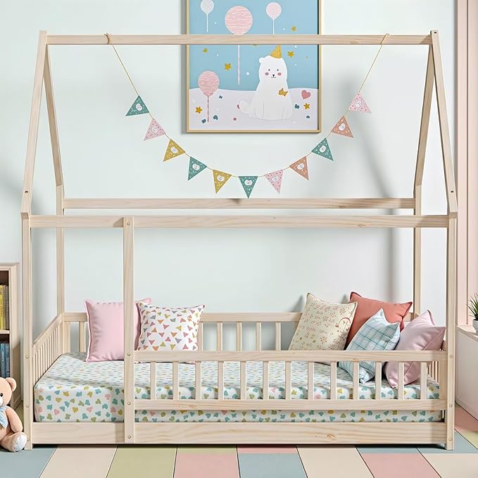 LLS Queen Size Montessori Floor Bed Frame with Slats and Fence, Wooden House Bed for Boys Girls Bedroom, Natural