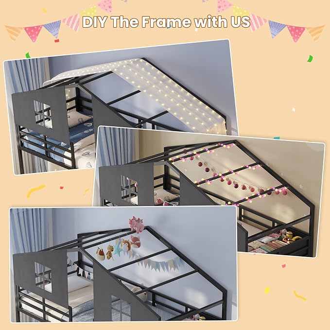 BTHFST Triple Bunk Bed Twin Size with House, 4 Storage Drawers, Charging Station and LED Lights, Metal Kids Bunk Bed with 13.4" H Safety Guardrail and Play Curtain, DIY House Shaped Bed, Black