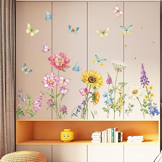 Butterfly & Flower Wall Decals Removable Peel and Stick Flower Wall Stickers for Girls Room, Bedroom, Living Room Nursery Decor