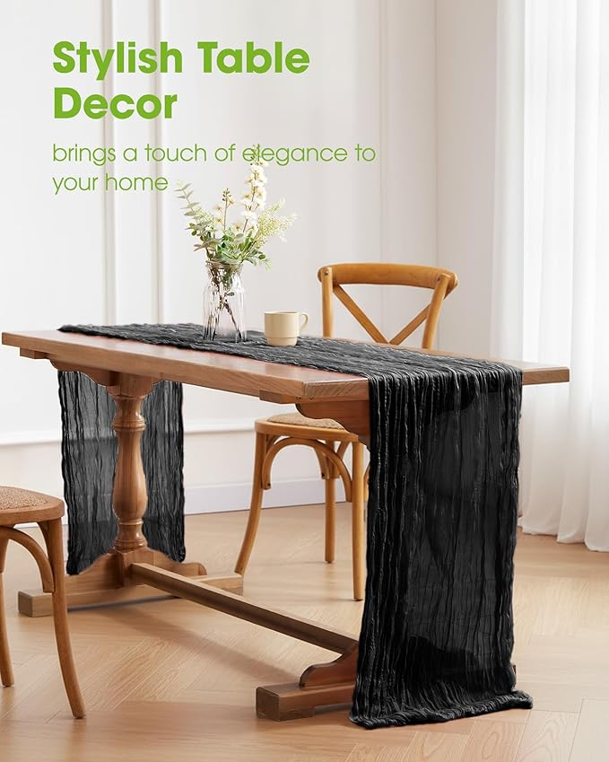 Pureegg 3-Pack Cheese Cloths Table Runner, 120'' Boho Table Cloth Decorations for Party, Baby Shower, Wedding and Farmhouse, Fabric Room Decor, Black