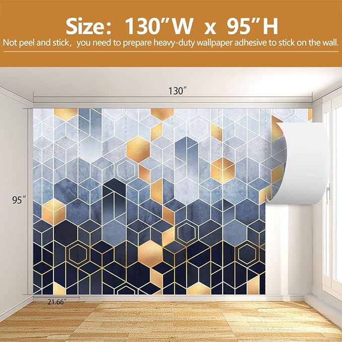 Blue and Gold Geometric Wallpaper Mural for Living Room Bedroom（Not Peel and Stick）