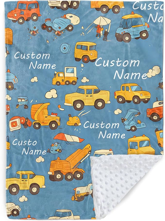 Custom Baby Blanket - Cartoon Cars Design Personalized Name Blanket, Soft Flannel Dot Infant Toddler Blanket for Boys, Customizable Nursery Bedding (60" x80)