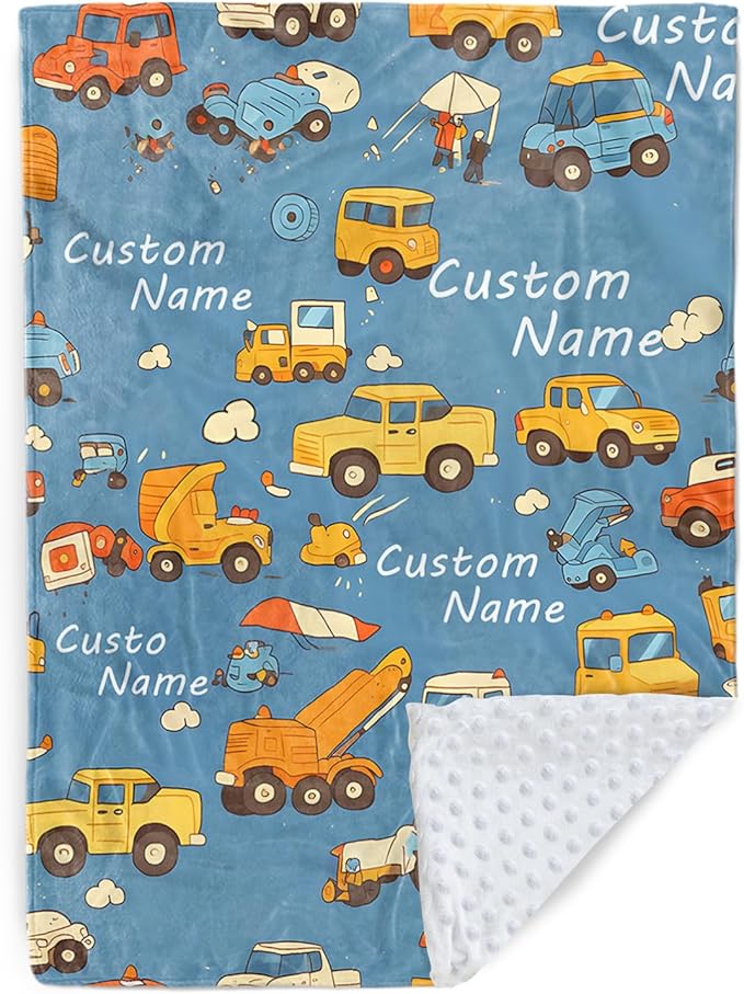 Custom Baby Blanket - Cartoon Cars Design Personalized Name Blanket, Soft Flannel Dot Infant Toddler Blanket for Boys, Customizable Nursery Bedding (47" x60)