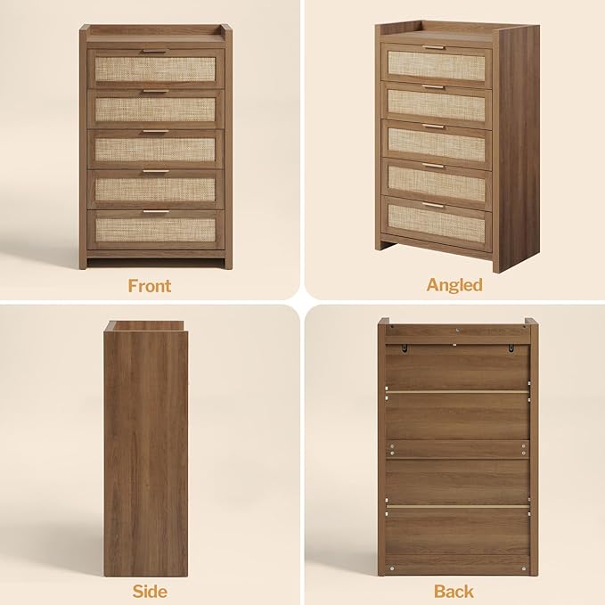SICOTAS Dresser for Bedroom Chest of Drawers 46" Tall Dresser for Closet with 5 Rattan Drawers Boho Nightstands Set of 3 Large Clothes Storage Cabinet TV Stand for Living Room Hallway Nursery Entryway